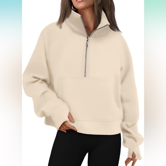 Tops - Cream Half Zip Cropped Sweatshirt